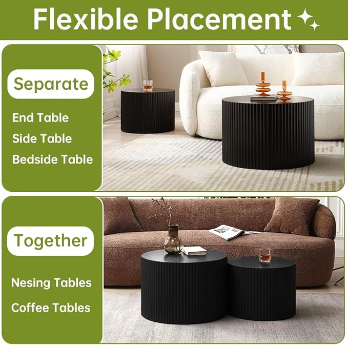 Round Nesting Coffee Table Set of 2 Small Round Coffee Tables for Living Room Modern Fluted Coffee Table Circular End Table Side Table for Small Spaces No Assembly (Black A, 27 in)