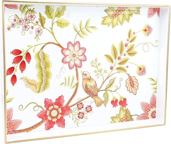 Spsyrine Decorative Serving Tray with Handles, White Lacquered Coffee Table Tray for Ottoman, Rectangle Waterproof Platters for Centerpieces, Parties, Living Room, Kitchen Counter Organization