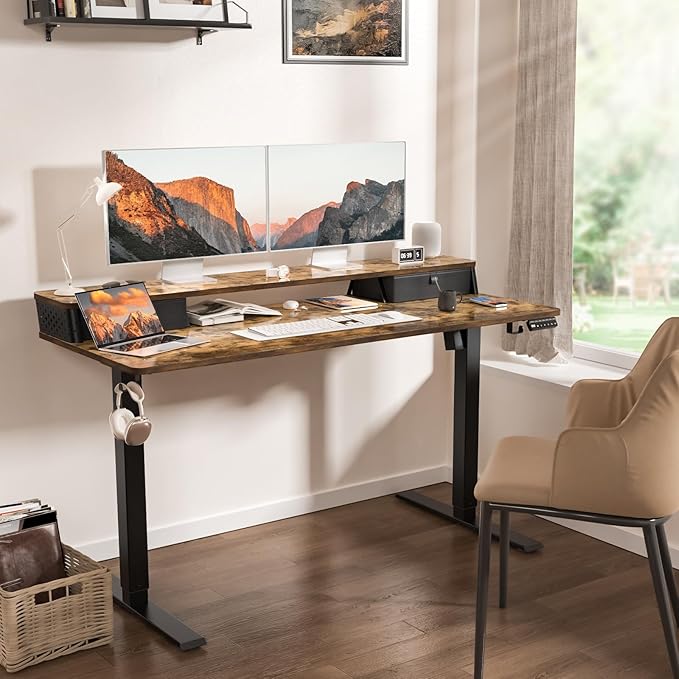 55 x 24 Inch Standing Desk with 2 Drawers, Easily Assembled Height Adjustable Desk, Ergonomic Sit to Stand Electric Desk for Home Office Workstation, Rustic Brown