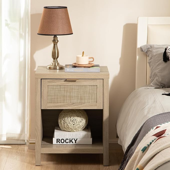 SICOTAS Rattan Night Stands, Farmhouse Nightstand Boho End Side Table Bedside Table with Drawer and Open Shelf for Bedroom, Light Oak