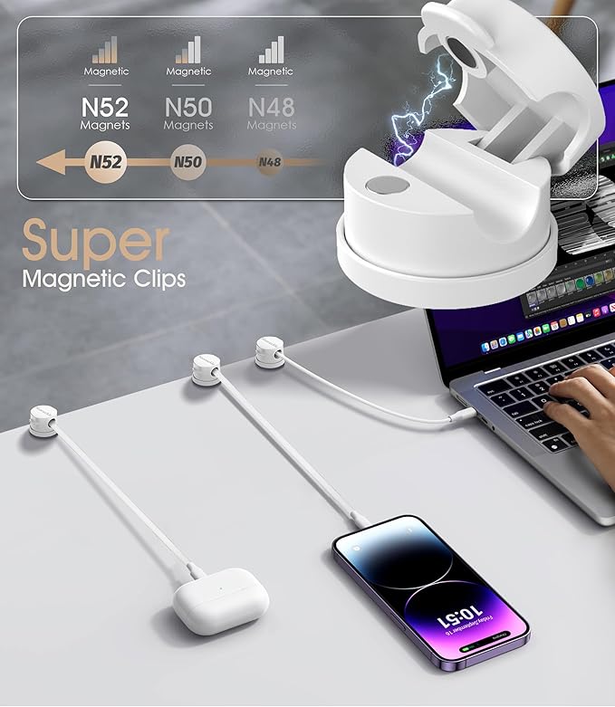 8 Pack Magnetic Cord Organizer [Locking Cable Rotatable] Cable Clips, Nearockle Upgraded Strong Magnetic Cord Holder, Adhesive Wire Keeper Cable Management for Desk,Car,Nightstand,Office,Home(White)