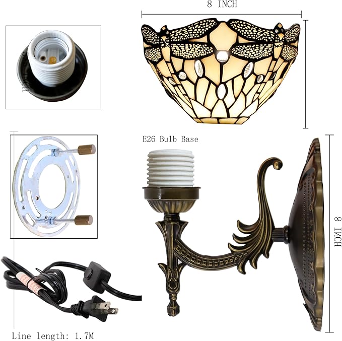 Tiffany Wall Sconce Lamp Blue Stained Glass Flower Style 8X10.5X11 Inch Plug in Wall Bedside Light for Hallway Bedroom (Amber Dragonfly Style)