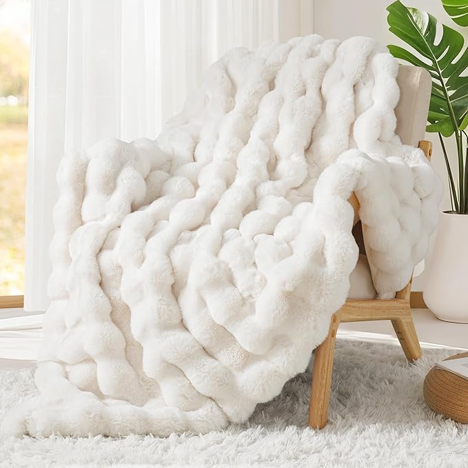 Touchat Luxury 1000GSM Faux Rabbit Fur Throw Blanket, Super Heavy Warm Cozy Blankets for Couch Bed Sofa, Bubble Plush Fuzzy Elegant Soft Reversible Mink Blanket for Living Room Bedroom, Cream White