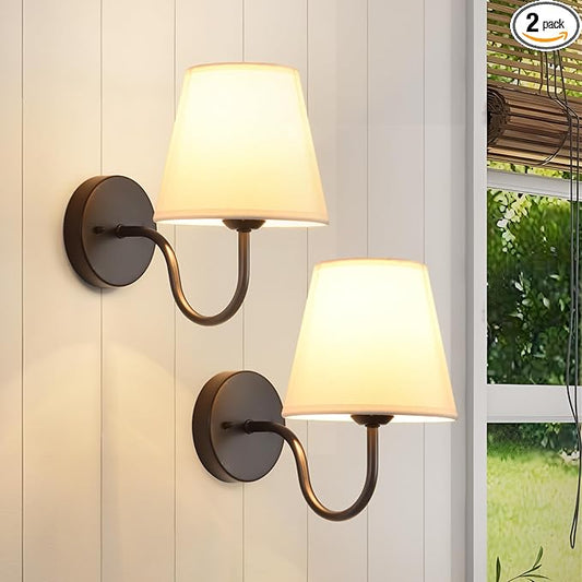 Wall Sconces Sets of 2, Bathroom Vanity Sconces Wall Lighting, Indoor Wall Lights with Light Beige Fabric Shades, Black Wall Mounted Lamps for Bedroom Living Room Hallway Kitchen, Hardwire