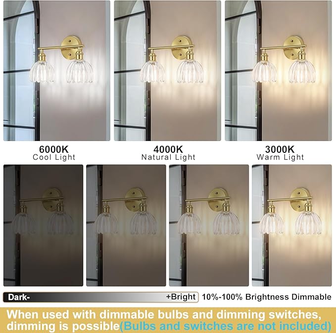 Vintage Bathroom Light Fixtures,2-Light Hardwired Vanity Lights Over Mirror,Gold Wall Sconces with Clear Tulip Glass Shade for Bathroom Living Room,E26 Socket(Bulbs Not Included)
