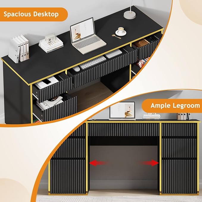 58 Inch Computer Desk with Drawers, Home Office Desk with File Drawers, Fluted Executive Desk with Storage for Study Writing, Living Room, Bedroom, Black and Gold