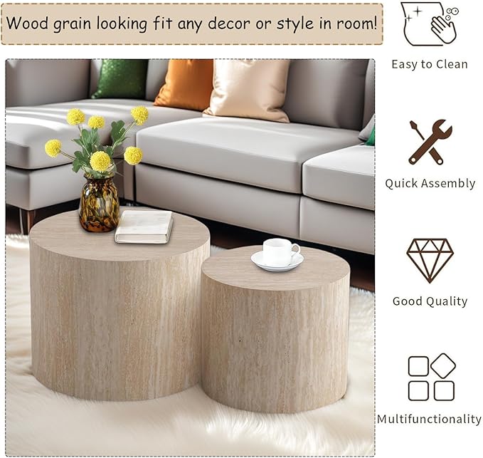 Modern Round Wooden Nesting Circle Coffee Table Set of 2 with Non-Slip Feet, Accent Side End Table, Saving Space Design and No Need Assembly,B