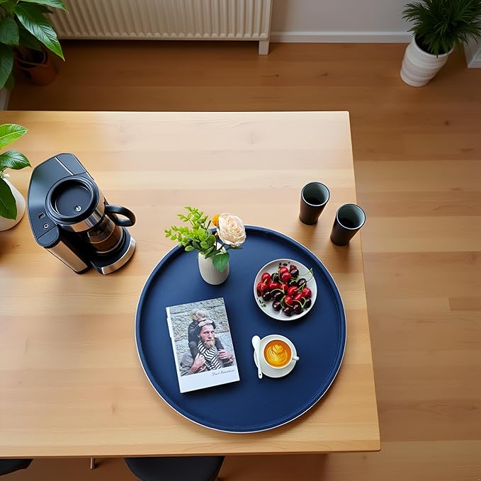 25-inch Round Ottoman Serving Tray - Textured PU Leather Coffee Table Decor, Waterproof Heat-Resistant Large Organizer for Home, Office, Bed & Party Essentials (Navy Blue, 25)