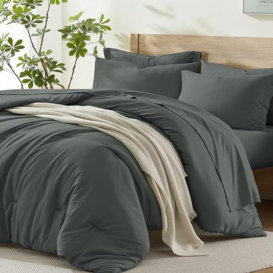 Homelike Moment Queen Comforter Set with Sheets, 7 Piece Grey Comforter Set Queen Size, Full Size Bed in a Bag Lightweight and Machine Washable