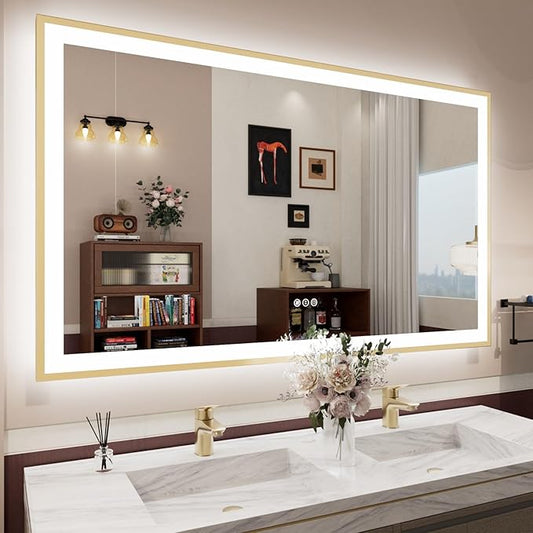 60x36 LED Bthroom Mirror with Gold Metal Frame, Dimmable Lighted Mirror with Backlit and Front-lit,LED Vanity Mirror for Wall, Memory Function, Tempered Glass, Anti-Fog