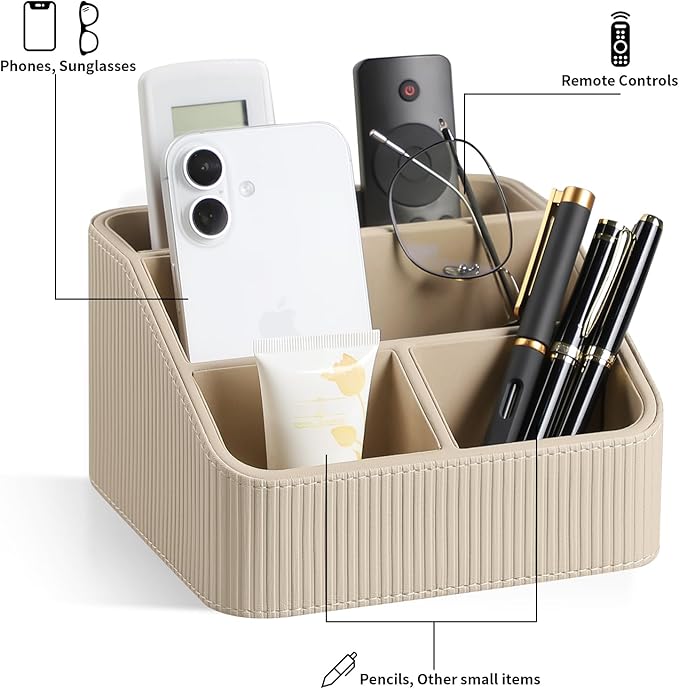 Remote Control Holder with 4 Compartments, PU Leather Small Nightstand Organizer for Home Desk Accessories Office Supplies, Multifunctional Stylish Small Bedside Desktop Organizers (Beige)