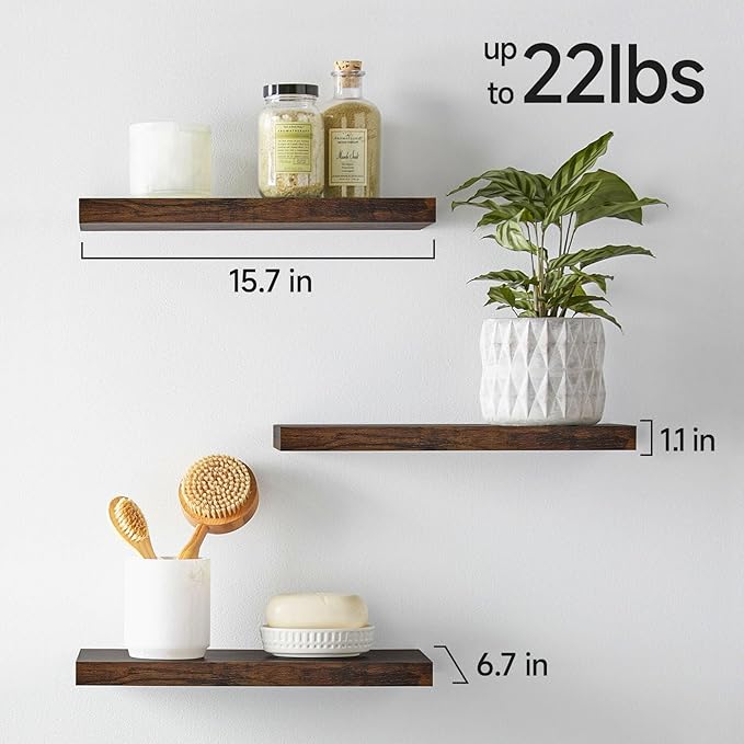 BAYKA Floating Shelves Bathroom for Wall – Shelf Over Toilet Farmhouse Rustic Wood for Bedroom, Kitchen, or Living Room Decor Organization, Halloween Decor Shelves – Rustic Brown, Set of 3