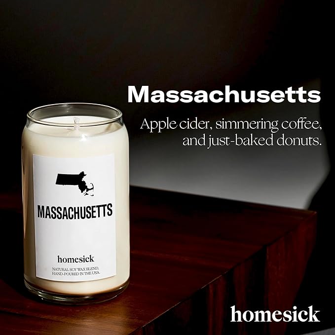 Homesick Scented Candles for Home (Massachusetts) - 13.75 oz Long-Lasting Soy Wax Jar Candle for Women & Men for All Occasions, 60-80 Hours Burn Time - Notes of Coffee & Apple Cider