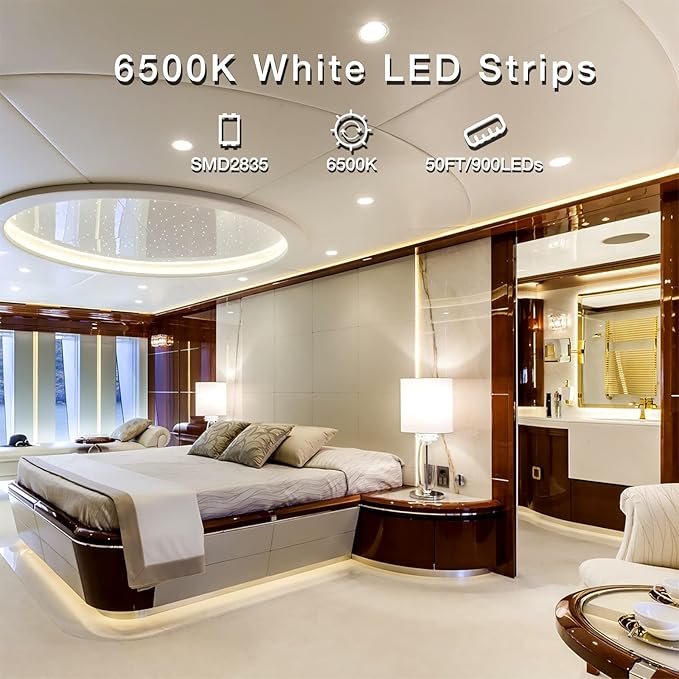 DAYBETTER White LED Strip Lights, 50 ft Dimmable 6500K Bright White Strip Lighting, 900 LEDs Tape LED Lights for Bedroom, Mirror, Kitchen, Home Decoration(2 Rolls of 25 ft)