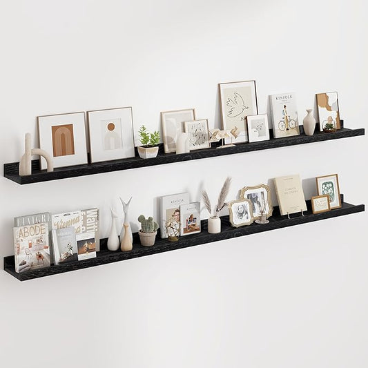 Floating Picture Ledge Shelves 72 Inch Solid Oak Wood Set of 2, Rustic Wall Storage Shelves with Lip, Kids Bookshelf, Photo & Picture Ledge Shelves for Bedroom, Living Room, Kitchen