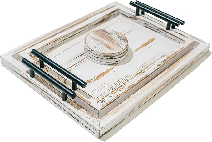 Decorative Ottoman Serving Tray Wooden Rustic (Set of 2) | Black Sleek Metal Handles | 4 Matching Coasters | Coffee Table Decor | Serving Kitchen Platter (Rustic White)
