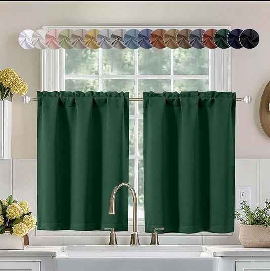 Aiyufeng Ever Green Short 36 Inches Blackout Curtain 2 Panels Set, Half Window Rod Pocket Privacy Curtain Tiers for Kitchen, Curtains Blackout for Bathroom Shades, W40 x L36 Inch, Ever Green