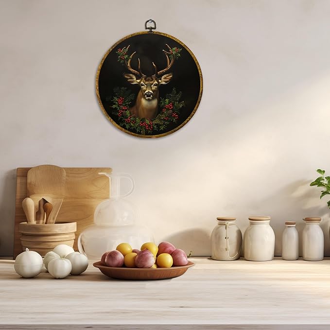 CUANFDDSF Vintage Christmas Reindeer Round Wall Art Decor, Rustic Dark Moody Xmas Reindeer Holiday Wall Hanging Frame Decor, Gothic Christmas Canvas Prints Decorations for Home Bedroom, 10x10 Inch