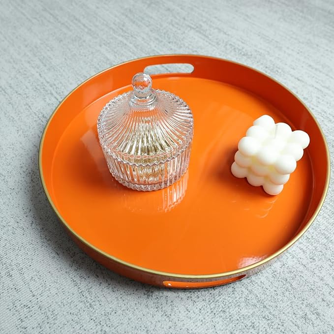 Spsyrine Round Orange Decorative Tray, 13" Plastic Serving Table Tray with Handles for Breakfast, Coffee Table, Bathroom, Kitchen, Living Room