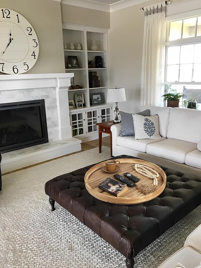 Round Ottoman Table Tray Round-24 - Rustic Wooden Serving Tray for Farmhouse Decorative Oversized Coffee Table Trays Living Room Kitchen Counter Breakfast Nature