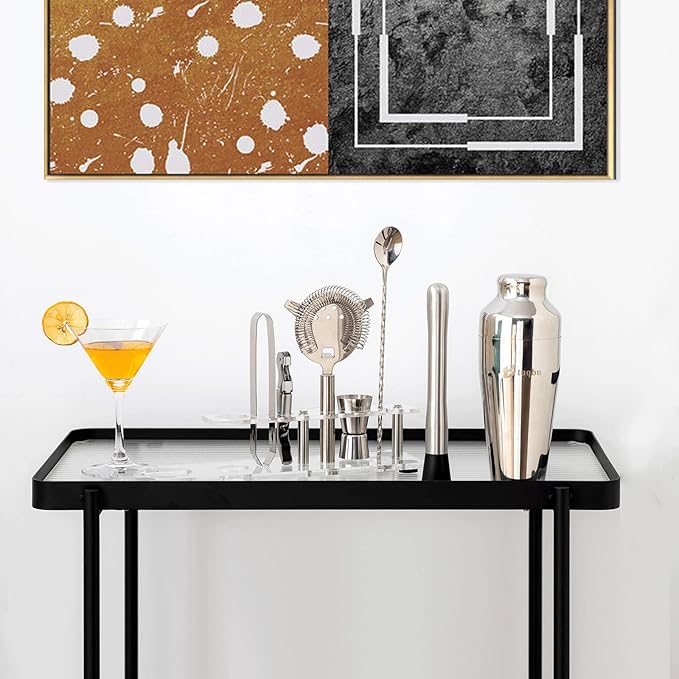 Cocktail Shaker Set with Arcylic Stand, Mixology Bartender Kit for Drink Mixing | Mixology Set with 7 Bar Set Tools Cocktail Kit (Silver)