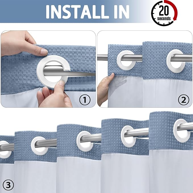 YellyHommy No Hook Shower Curtain with Snap in Liner Set Less Waffle Shower Curtain for Bathroom (Sky Blue, 87" L x 72" W)