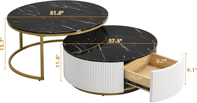 Modern Round Nesting Coffee Table Fluted with Drawer in Black & Gold in 31.5''