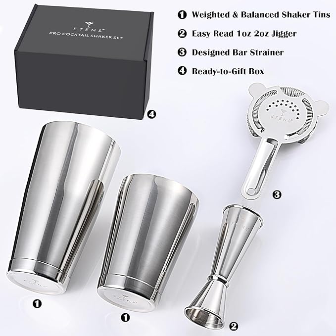 Professional Boston Shaker Set – Weighted Boston Cocktail Shaker Set: 18 & 28oz Bar Shaking Tins, Hawthorne Drink Strainer, Easy Read Japanese Jigger - Stainless Steel Bartending Kit