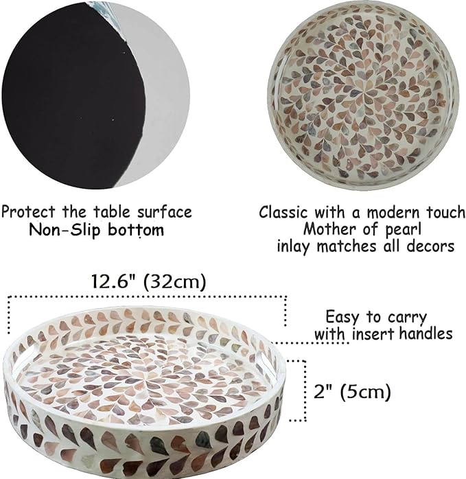 PEMAR 12.6” Mother of Pearl Round Serving Tray with Handles, Decorative Nacred Wooden Ottoman Coffee Table Tray for Dining, Party, Dinner, Breakfast in Bed (Brown Floral Pattern)