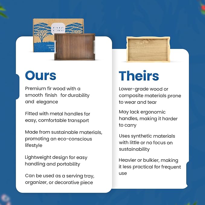 Large Wooden Ottoman Tray with Handles for Serving Food, Decorative Serving Platter for Breakfast, Dinner & Bar, 17.5x11.8 in Rustic Storage Tray for Kitchen, Bedroom & Gift Packaging