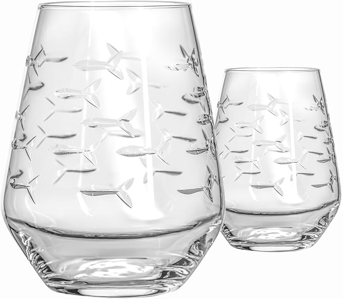 Rolf Glass | School of Fish Stemless Tumbler | 18oz Stemless Wine Glasses | Lead-Free Glass | Engraved and polished in Pennsylvania | US made (Set of 2)