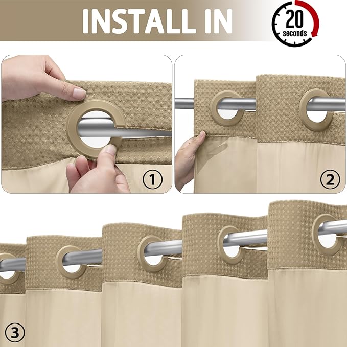 YellyHommy No Hook Shower Curtain with Snap in Liner Set Less Time Beige Waffle Shower Curtain for Bathroom 75" L x 72" W