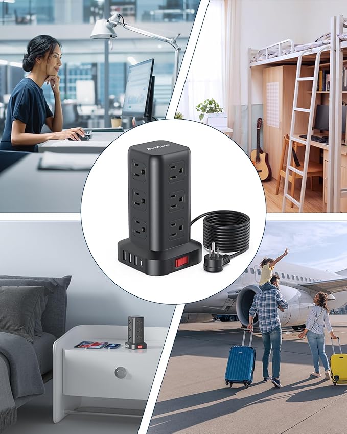 Surge Protector Power Strip 10 FT Cord, Power Strip Tower with 4 USB Ports (1USB C), Extension Cord with 12 AC Multiple Outlets, Home Office Supplies Desk Accessories, Dorm Room Essentials