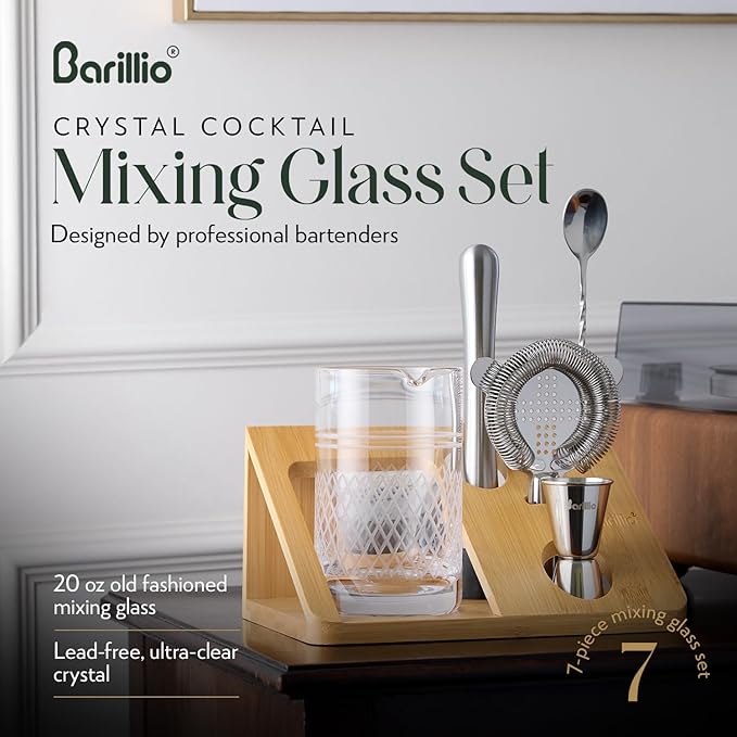 Barillio 20 Oz Crystal Cocktail Mixing Glass with Bamboo Stand & Bar Tools | Seamless Lead-Free Crystal, Weighted Base Stirring Pitcher | Including Muddler, Mixing Spoon, Jigger and Strainer