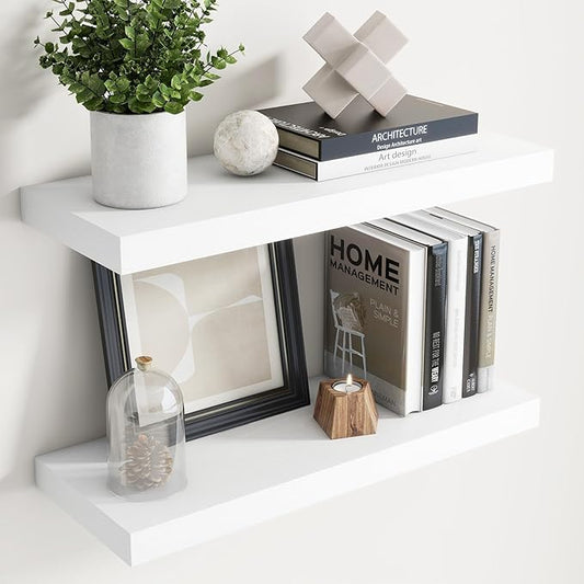 Floating Shelves for Wall with Invisible Brackets, Wall Mounted Engineered Wood Shelves with Wood Grain for Living Room, Bedroom, Bathroom, Kitchen Decor and Storage, Oak, 24"L Set of 2, White
