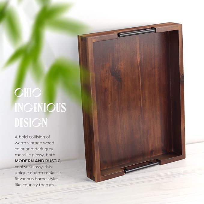 Ottoman Tray, Acacia Wood Serving Tray with Metal Handles, 16.5x12.5in Food Drinks Tray for Coffee Table, Breakfast, Dinner & Bar, Rustic Decorative Storage Tray for Ottoman, Kitchen, Packaging