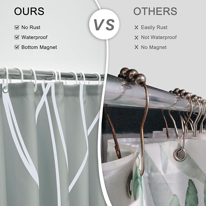 Punkray Light Grey Shower Curtain for Bathroom with Hooks, Shower Curtain Set Stripe Bath Curtains Decorative White Shower Curtains Weighted Hem Water Repellent Washable, 72 x 72