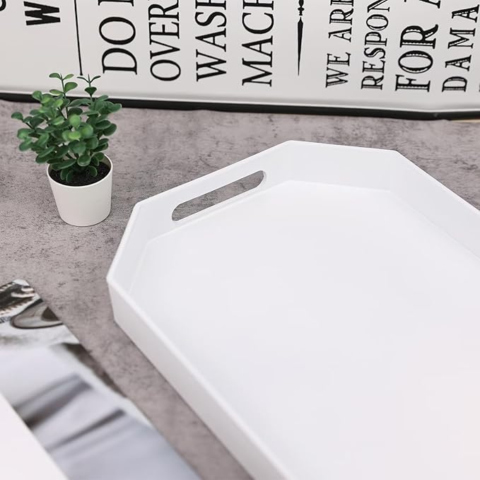 White Octagonal Serving Tray with Handles for Coffee Table, Plastic Decorative Tray for Ottoman, Kitchen Counter, Living Room, Outdoor Lacquer Tray for Entertaining