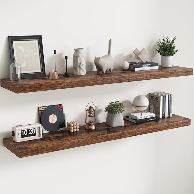 Floating Shelves for Wall with Invisible Brackets, Wall Mounted Engineered Wood Shelves with Wood Grain for Living Room, Bathroom, Kitchen Decor and Storage, Oak, 71"L Set of 2, Rustic Brown