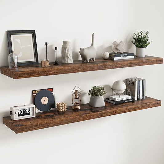 Floating Shelves for Wall with Invisible Brackets, Wall Mounted Engineered Wood Shelves with Wood Grain for Living Room, Bathroom, Kitchen Decor and Storage, Oak, 71"L Set of 2, Rustic Brown