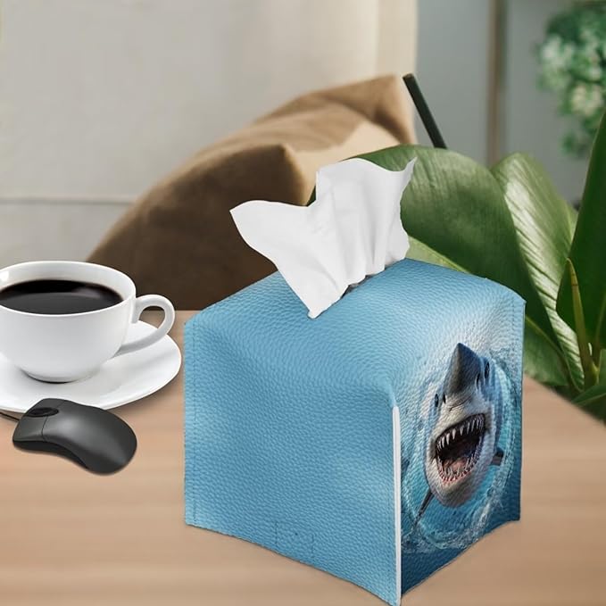 Shark Tissue Box Cover Square Tissue Holder for Home/Bathroom Decor Blue Leather Tissue Box Holder Desk Accessories Napkin Organizer Dispenser Tissue Cube Box Cover