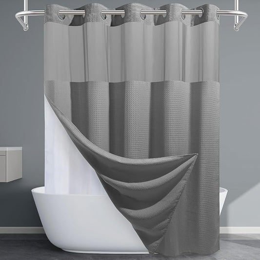 Long No Hook Shower Curtain with Snap in Liner,230GSM Waffle Weave Shower Curtains for Bathroom,71W x 77H(75"),Grey
