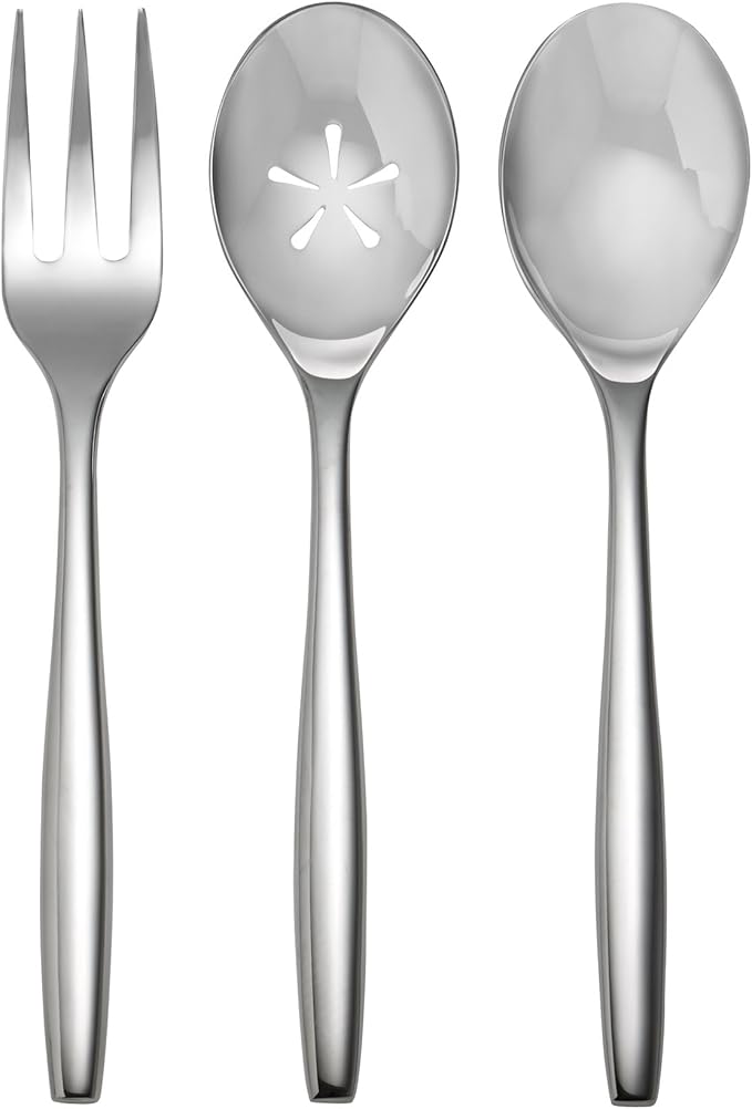 nambe Aidan Flatware Set, 45-Pc Set, 18/10 Mirror Stainless Steel Silverware Cutlery Set, Designed for Home Kitchens or Restaurants, Service for 8 and a 3pc Hostess Utensil Set, Dishwasher Safe