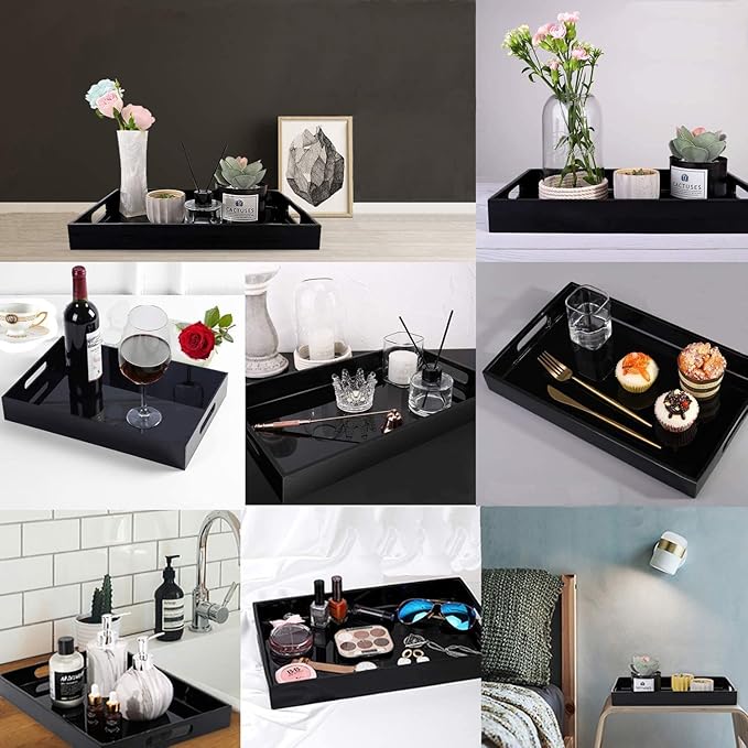 Durable Rectangular Breakfast Serving Tray - 5MM Thick Waterproof Acrylic Serving Platter with Handles for Coffee, Tea, Food - Elegant Decorative Tray (Black Tray-16''x12'')
