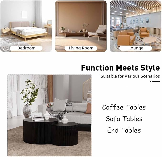 Modern Round Nesting Coffee Table Set of 2, Vertical Stripe Design Drum Coffee Table Cocktail Table, Round Side Table for Living Room, Bedroom, Office, Balcony (C19.69+27.56")