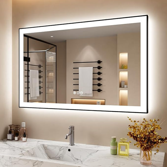 48x30 Inch LED Bathroom Mirror with Black Frame, Backlit and Front Lighted Bathroom Mirrors for Wall, Anti-Fog, Dimmable, Memory, Shatterproof, LED Vanity Mirror for Bathroom