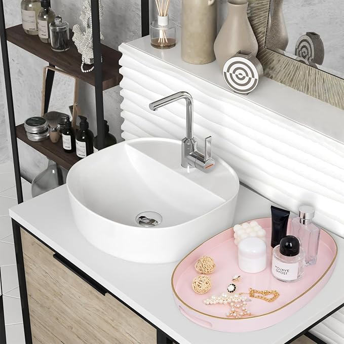 MAONAME Pink Decorative Tray, Oval Serving Tray with Handles, Plastic Tray for Coffee Table, Ottoman Tray for Living Room, Bathroom, 15.6" X 10.6" X 1.4"