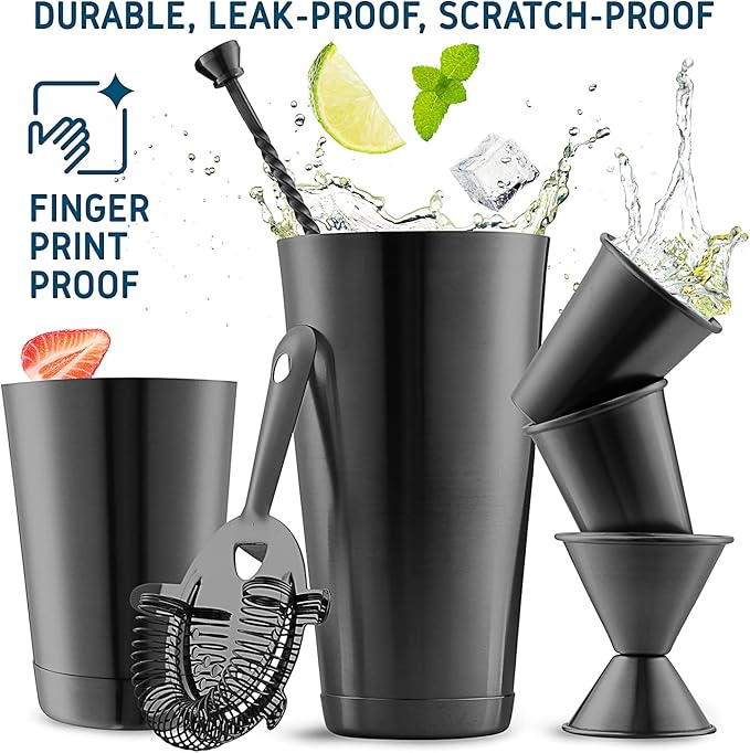 Bar Set Cocktail Shaker Set, Stainless Steel Mixology Bartender Kit, 16 Piece Cocktail Kit, Black Cocktail Set, Bar Tools: 30oz Martini Shaker, Muddler, Bar Kit Cocktail Book, Jigger and Pourers