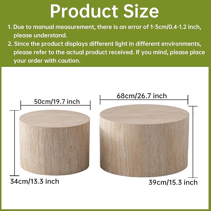 Round Nesting Coffee Table Set of 2 Small Round Coffee Tables for Living Room Modern Fluted Coffee Table Circular End Table Side Table for Small Spaces No Assembly (Travertine, 27 in)