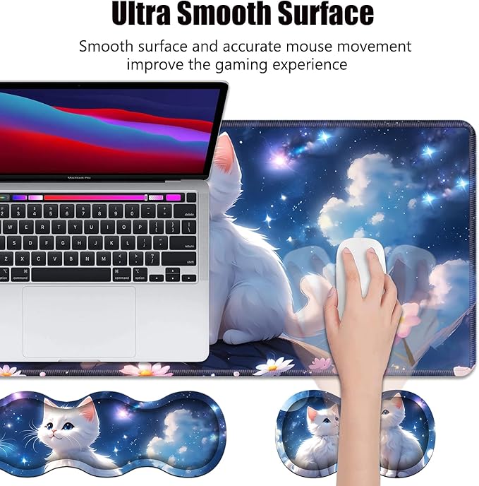 4 in 1 Ergonomic Memory Foam Mouse Pad Wrist Rest Set, Large XXL Gaming Desk Pad + Keyboard Wrist Rest + Mouse Wrist Cushion + Coaster for Home Office Study Gaming, Cute Cat